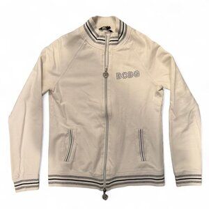 BCBG white zip up jacket with rhinestone logo